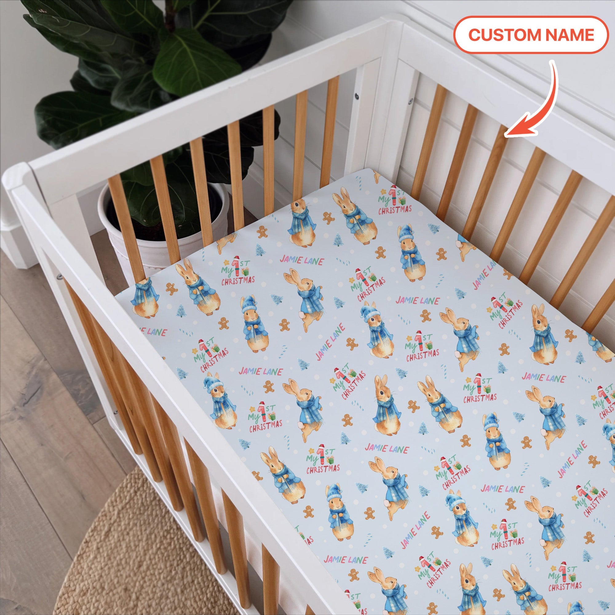 Custom 1st Christmas Rabbit Fitted Crib Sheet - StazzyBaby
