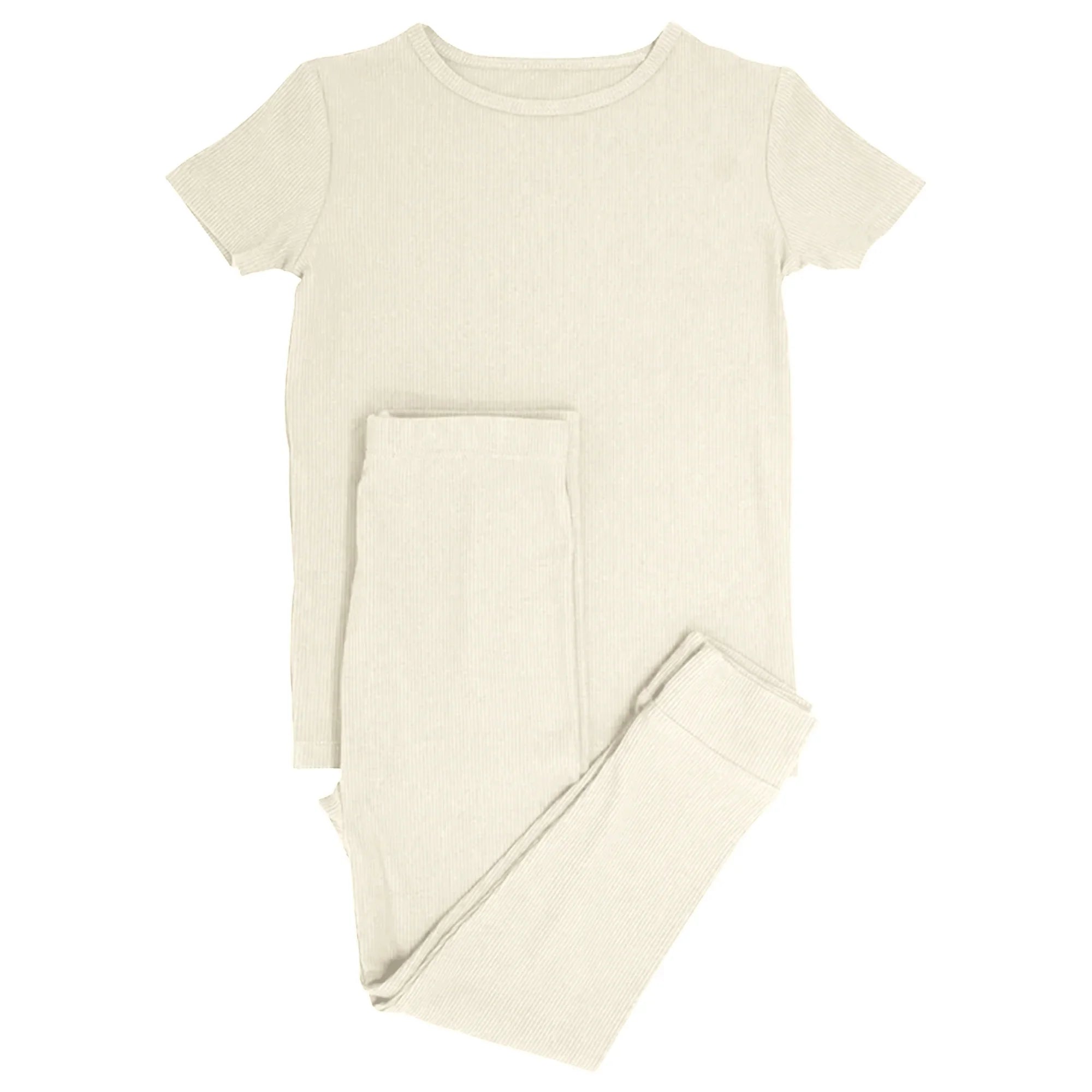 Vanilla Cream Ribbed Two Piece Short Sleeve & Pants Pajama Set - StazzyBaby